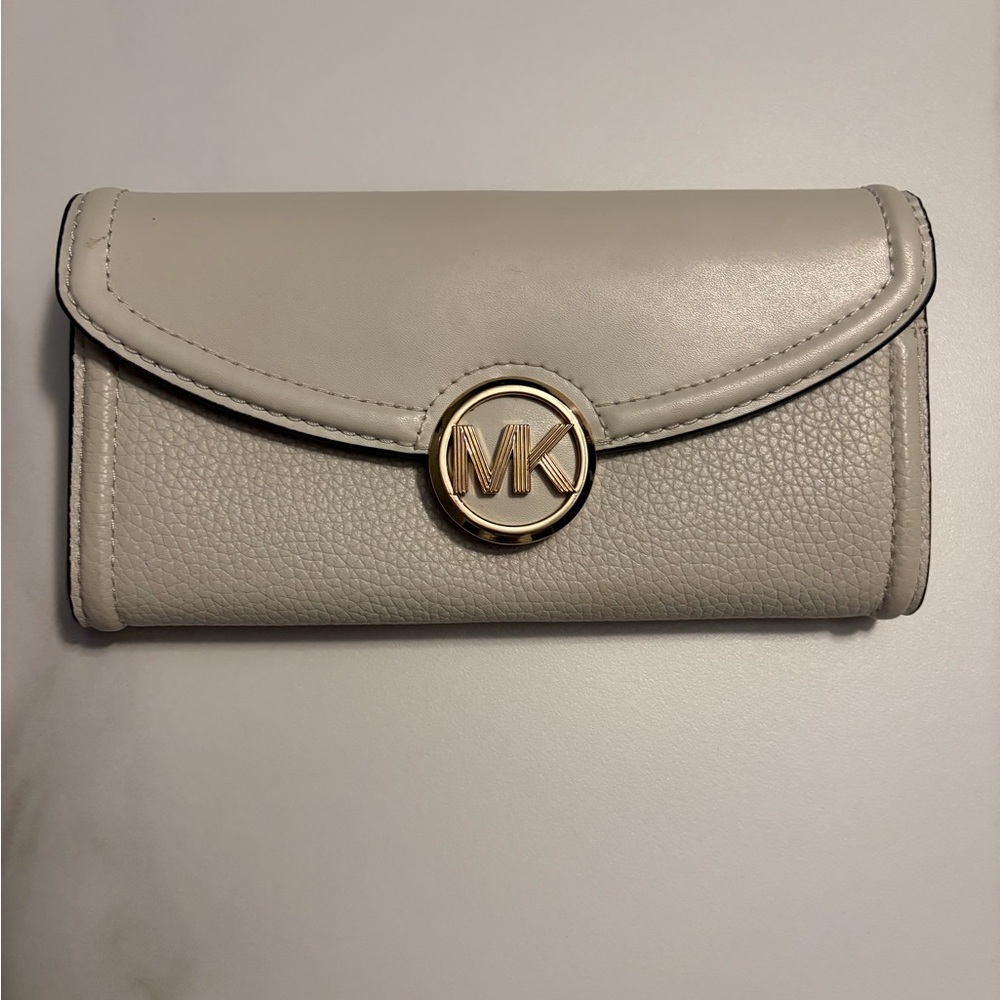 Michael Kors Neutral Cream Leather Wallet with Gold MK Emblem